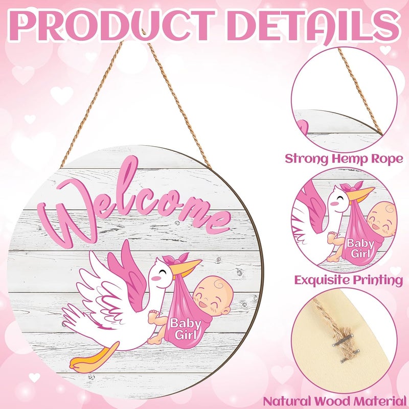 Chunful Baby Girl Door Sign Gender Reveal Welcome Sign Hanging Wreath Round Rustic Wood Farmhouse Decorations Holiday Front Door Decor for Baby Shower Porch Party Supplies - Image 3